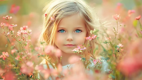 Ethereal Child Nestled in Blossom Dreams and Soft Golden Light