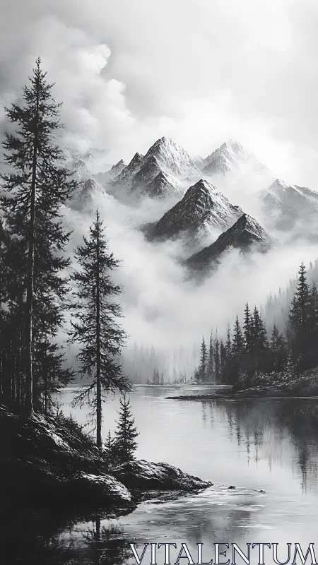 Monochrome alpine lake with mist-shrouded mountain peaks.