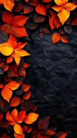Fiery autumn leaves frame deep textured black stone wall.