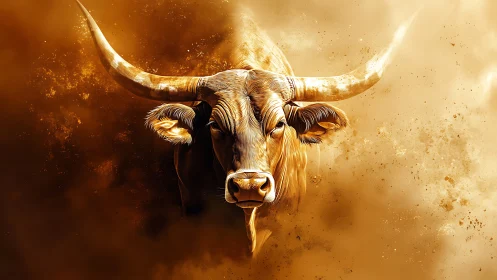 Golden longhorn bull bursts through blazing dust field.
