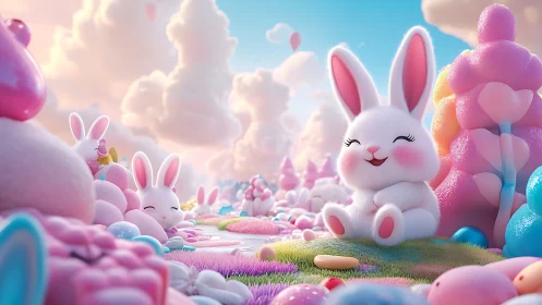 Joyful candyland bunnies share a dreamy pastel sunrise