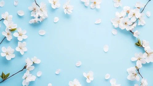 White Cherry Blossom Branches Against Soft Blue Background