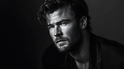 Brooding male portrait in dramatic monochrome lighting.