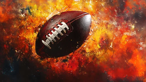 American football closeup against abstract fiery backdrop.