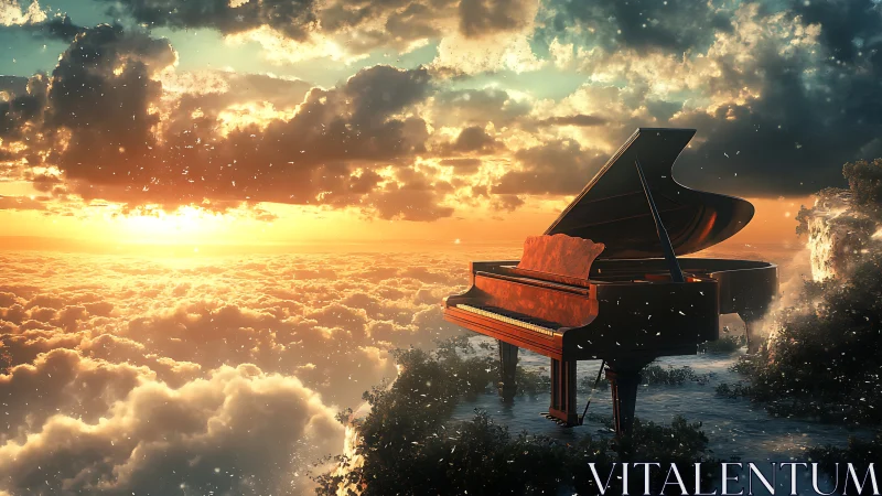 Grand piano glows above sunrise clouds in dreamlike sky.