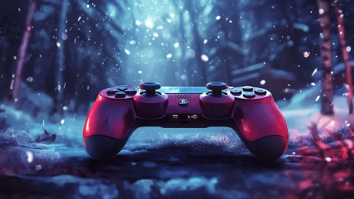Crimson game controller suspended in cinematic winter forest.
