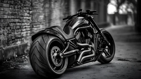 Custom black motorcycle in narrow urban alleyway at dusk.
