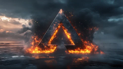 Burning Pyramid Portal Emerging from Stormy Seascape