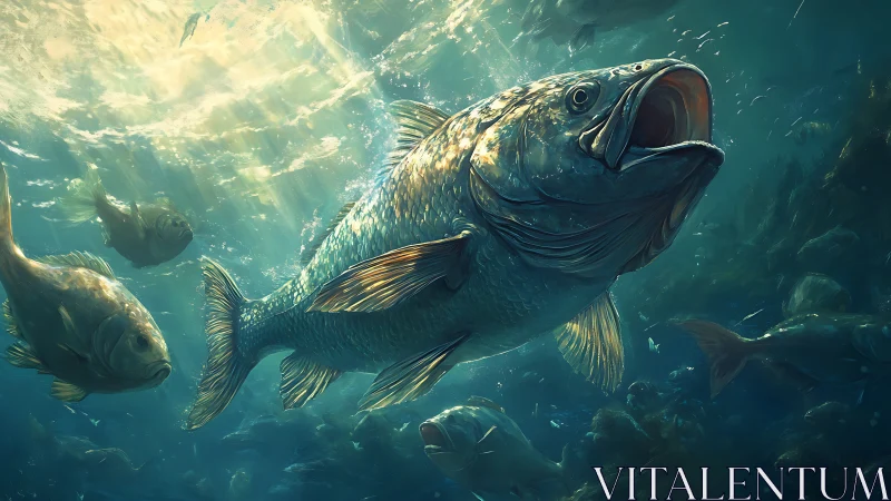 Silver monarch bass surges through sunlit emerald currents.