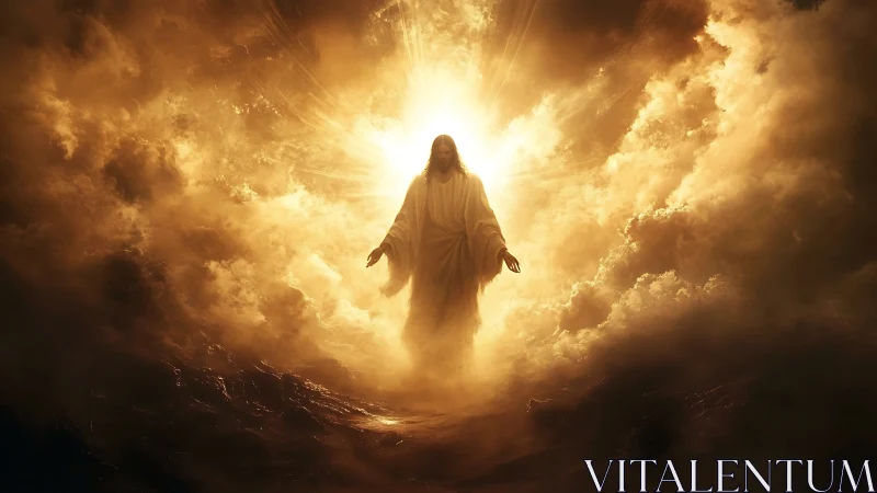 Backlit robed figure emerges from radiant cloud vortex with volumetric light