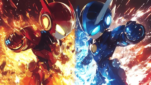 Fire and ice mecha warriors collide in blazing combat