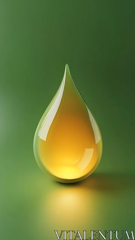 Translucent golden droplet object on plain green background.