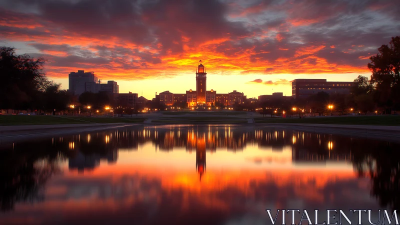 Sunset cityscape skyline mirrored in tranquil reflecting pool.