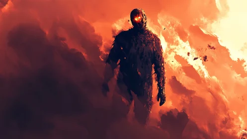 Molten fire figure emerges through burning storm clouds.