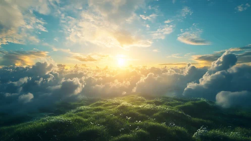Sunlit grassy plateau above cloud layer under open sky.