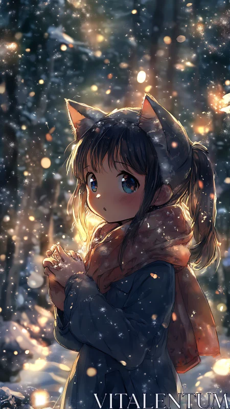 Winter forest girl gazes through softly falling golden snow