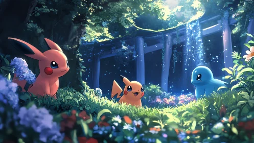 Pikachu and Squirtle in sunlit forest garden clearing.