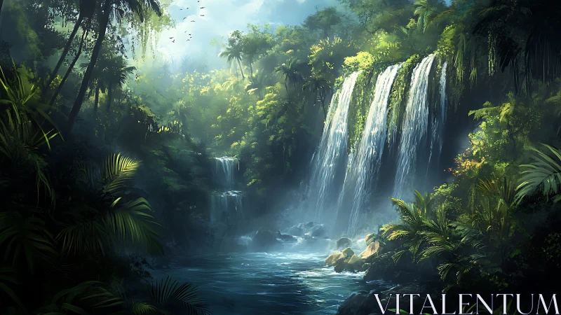 Sunlit jungle waterfall cascades into misty emerald pool