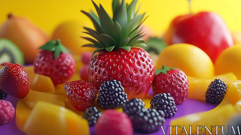 Mixed berries and sliced fruit on vivid colored surface.