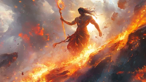 Figure holding staff walks across eruptive lava slope