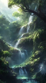 Stepped forest waterfalls descending through dense vegetation.