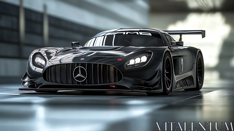Black Mercedes race car in sleek indoor studio setting.