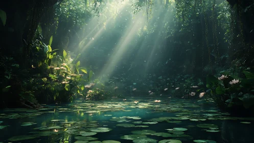 Sunlit lily pond shimmers within a tranquil jungle sanctuary