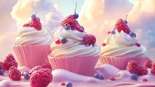 Hyperreal raspberry cream cupcakes in pastel fantasy cloudscape