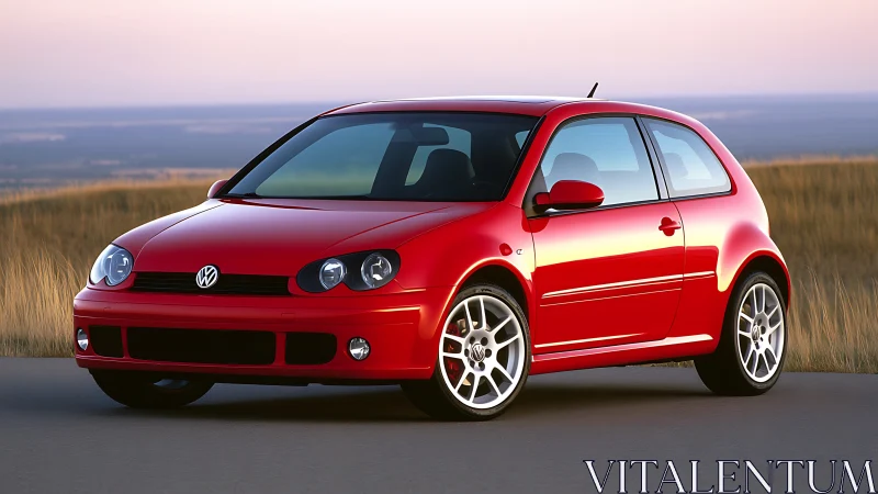 Sunset-lit red hatchback waits like a coiled weekend escape