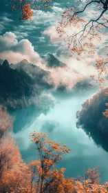 Misty turquoise lake winds through autumn mountains at dawn