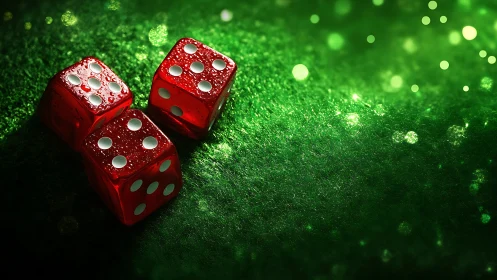 Red casino dice glow on vibrant green felt under lights