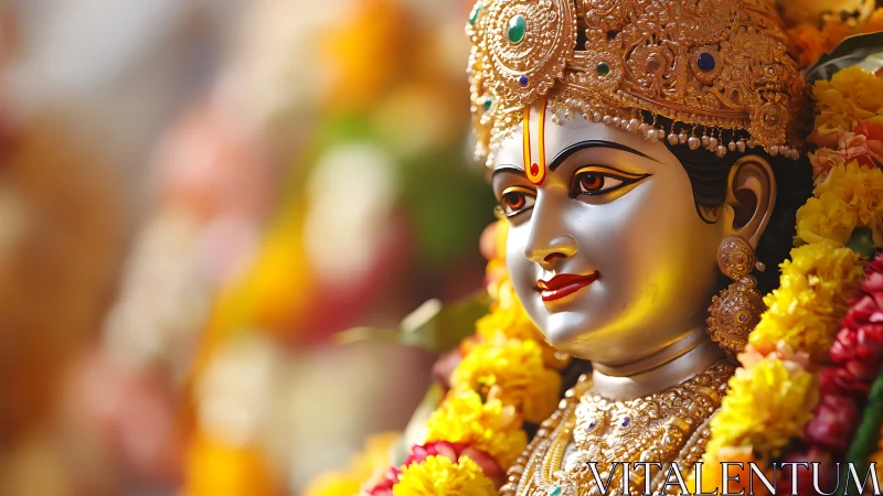 Gilded Hindu goddess idol glows amid vivid floral garlands