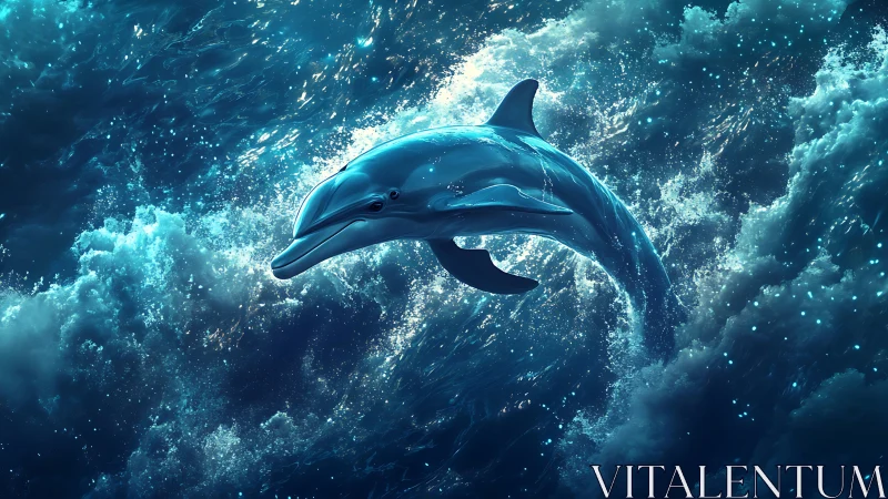 Photorealistic dolphin breaching amid luminous ocean swells.