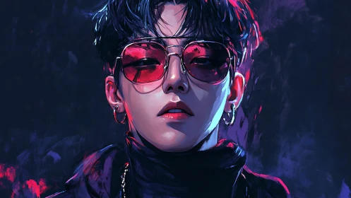 Neon lounge rebel in crimson shades and midnight shadows.