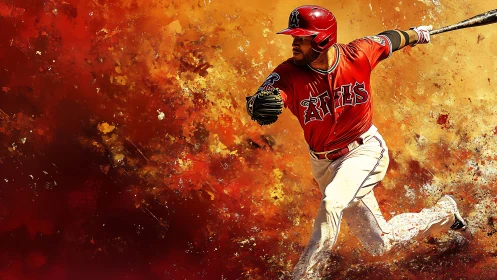 Baseball batter in red uniform against abstract orange field.
