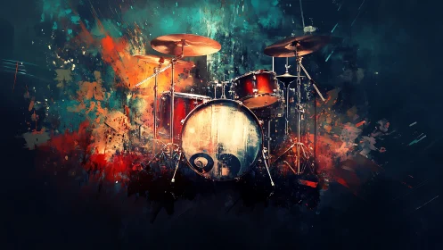 Digital painting of drum kit in explosive prismatic color field.