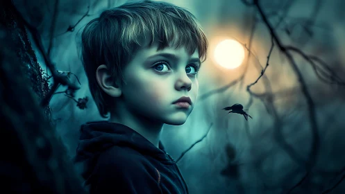 Boy gazes through eerie forest glow under cold full moon