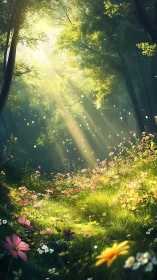 Sunlit forest meadow glowing with soft wildflower magic.