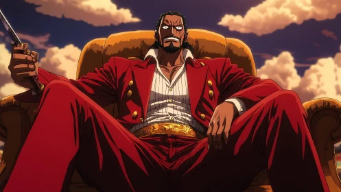 Low-angle anime boss in red suit dominates frame with foreshortening