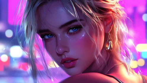 Neon-bathed digital portrait with hyperreal specular skin rendering.