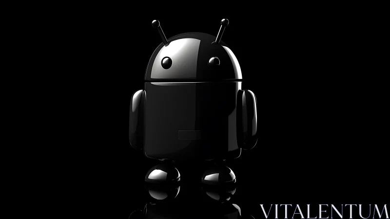 Glossy black robot mascot on reflective dark surface.