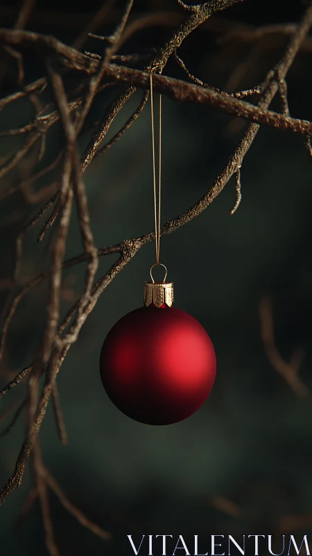Crimson ornament glowing softly on winter bare branches.