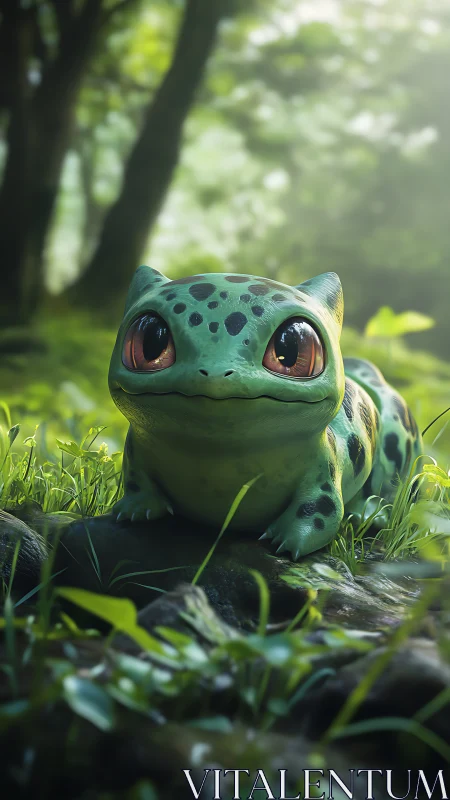 Cartoon reptile creature rests on forest floor in light