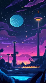 Futuristic alien valley glows under vibrant twilight sky