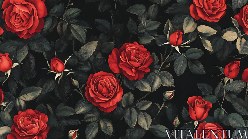 Red Roses on Black Background with Dark Green Foliage