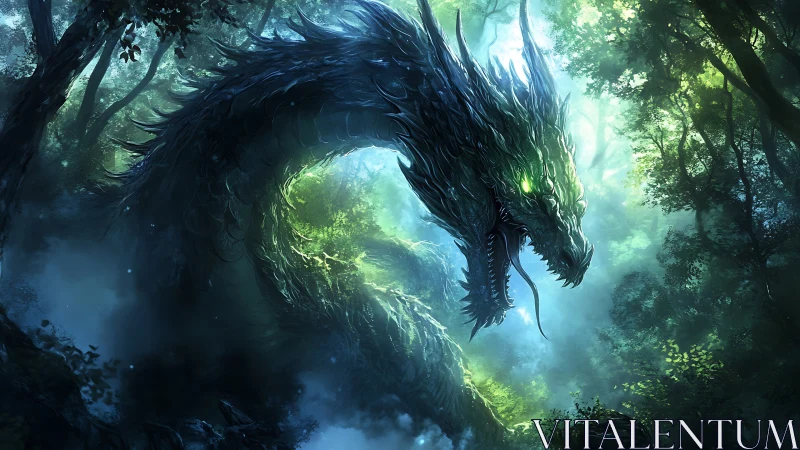Emerald forest dragon emerging through luminous mistscape.