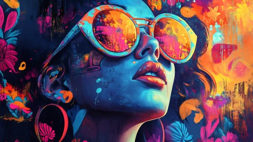 Neon surreal portrait with reflective sunglasses and florals.