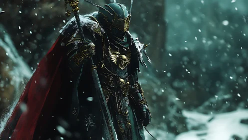 Snowbound paladin in gilded armor holds vigil in silence.