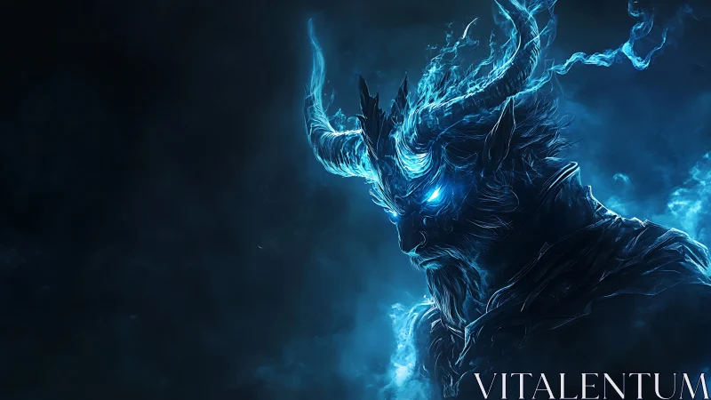 Mystic horned guardian glowing with otherworldly blue light.