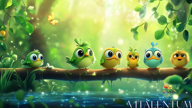 Cute Cartoon Birds on a Branch in Magical Forest Setting.